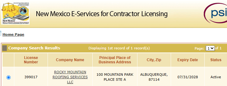 New Mexico Construction Industries License Rocky Mountain Roofing Services 399017
