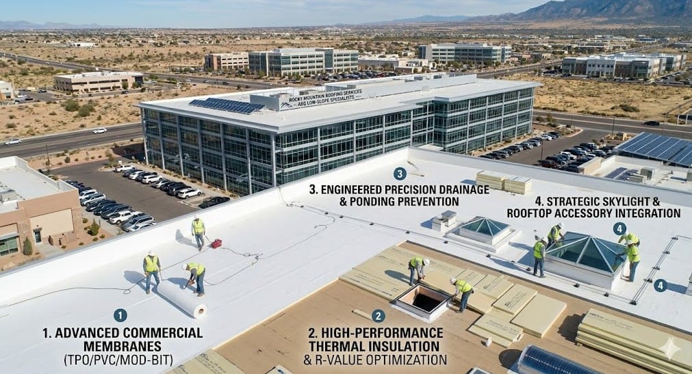 Specialized Albuquerque Low-Slope Roof Replacement Services Tailored to Your Asset Management Strategy by Rocky Mountain Roofing Services