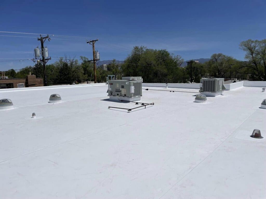This is a TPO roof in New Mexico Installed by Rocky Mountain Roofing Services